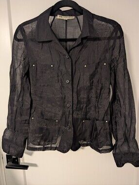 Black Sheer Button Down Shirt With Pockets